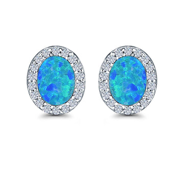 Halo Oval Stud Earrings Lab Created Blue Opal Simulated CZ 925 Sterling Silver (11mm)